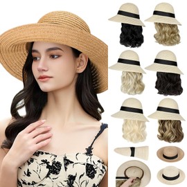Cephermer Sun Hat, Straw Hat Wig Detachable Adjustable Cap with 12 Inch Synthetic Wavy Hair Extensions Foldable for Women Summer Beach Outdoors Dark Black