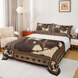 Western Stars Sheet Queen,Cow Fur Texture Print Bedding Set 3pcs for Kids Teens,Old Wooden Board Vintage Brown Rustic Bed Sheet Set 4pcs with Deep Pocket Fitted Sheet + Flat Sheet + 2 Pillowcases