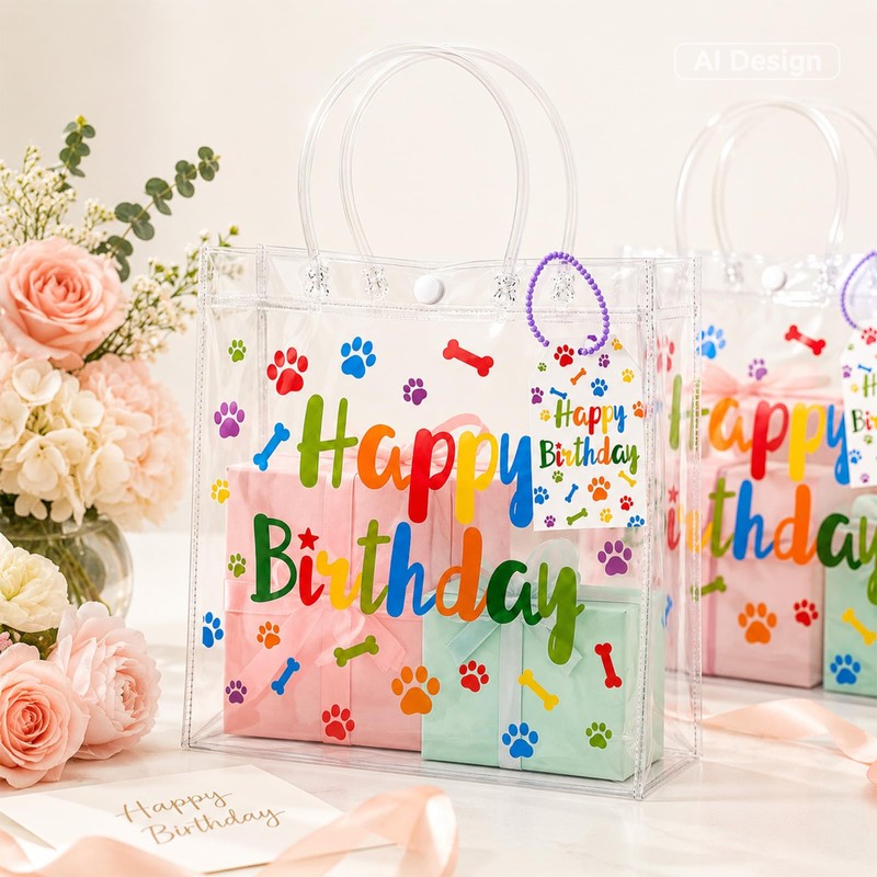 joycraft Dog Paw Clear PVC Gift Bags with Handles, 12Pcs