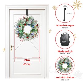 Christmas Wreath for Front Door 24inch - Pre-Lit Artificial Christmas Wreath, Lighted Christmas Wreaths Battery Operated, with Bells and Wreath Hanger, for Front Door Wall Windows Xmas Decoration