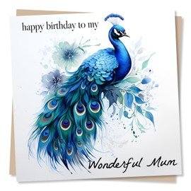 Stunning Peacock Birthday Card for Mum - Happy Birthday To My Wonderful Mum - Majestic Design for Mom, Mother From Son, Daughter - Made in UK