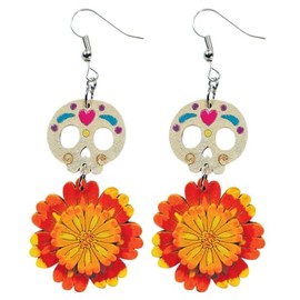 Aretes de Calavera de Dulce y Cempasuchil de Madera Pintado a Mano