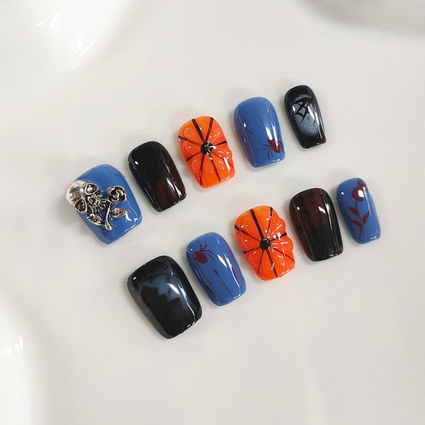 Halloween Press on Nails Short Square Handmade Acrylic Nails 3D