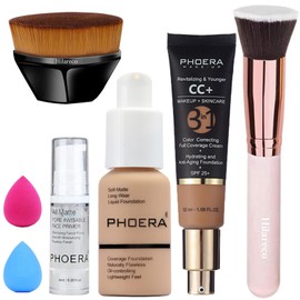 PHOERA Foundation,PHOERA CC Cream Foundation Color Correcting Anti Aging Hydrating Serum &SPF 25+,PHOERA Primer, PHOERA Makeup Foundation, Makeup Brushes (104 Buff Beige+160 Sand CC Cream)
