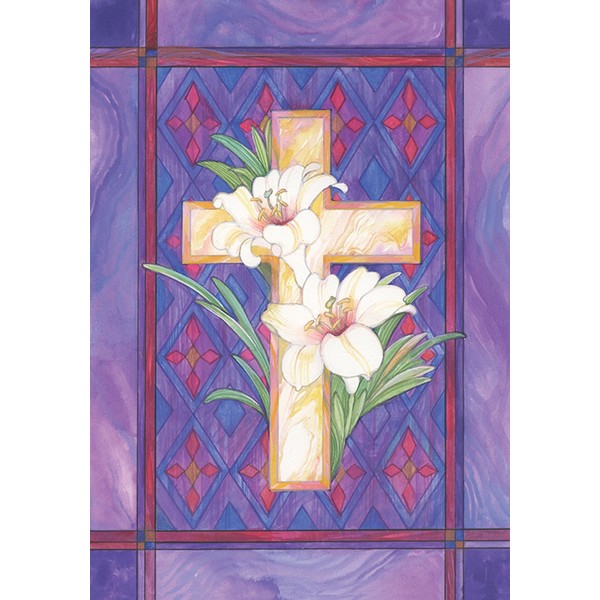 Toland Home Garden Lily and Cross 12.5 x 18 Inch Decorative Stained Glass Easter Flower Garden Flag