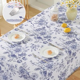 Honellaty Blue and White Floral Tablecloth 60 x 102 Inch, Vintage Rectangle Table Cloth, Spill-Proof Stain Resistant Decorative Fabric Table Cover for Dining, Party, Picnic