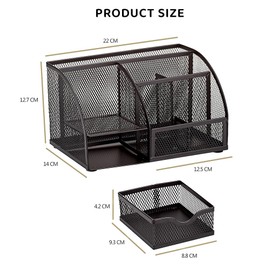 Mesh Desk Organizer – 7-Compartment Office Supply Caddy with Drawer for Pens, Pencils, and Accessories – Black Wire Desktop Organizer for Home, Office, and School