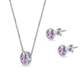 B. BRILLIANT Sterling Silver Amethyst 5mm Round Bezel-Set Solitaire Small Dainty Choker Necklace and Stud Earrings Set for Women