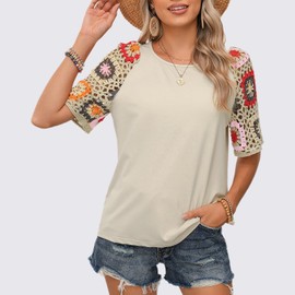 Chvity Short Sleeve Tops for Women Fashion Crochet Sleeve Crewneck Loose Khaki Ladies Blouse Shirts Comfy Fit