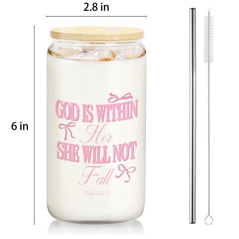 BEHIFL Coquette Pink Bow Christian Glass Cup with Lids and