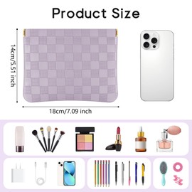 Sightor 2PCS Pocket Cosmetic Bag for Purse, Checkered Makeup Bag Portable Leather Cosmetic Bag for Women, Coin Purse Lipstick Cosmetic Accessories Organizer Travel Cosmetic Pouch (Pink, Purple, L)
