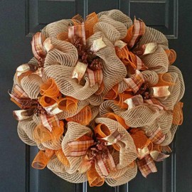 LaRibbons Autumn Poly Mesh Ribbon, 10 inch x 30 feet(10 Yard) Each Roll, Green Orange Yellow Khaki with Metallic Foil Rolls for Fall Harvest Wreaths, Thanksgiving Decor, Crafts, 4 Rolls