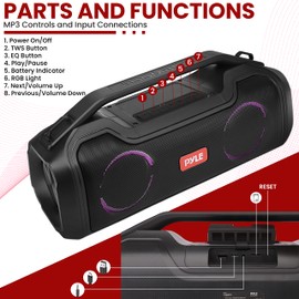Pyle Wireless Portable Bluetooth Boombox Speaker - 40W 2Ch Waterproof Rechargeable Speaker Loud Stereo System w/Google Assistant/Siri Voice Control, TWS Function, Micro SD, RGB Lights