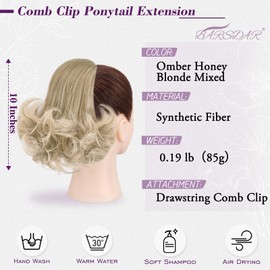 BARSDAR Ombre Honey Blonde Drawstring Ponytail Extensions - 10 Inch Short Wavy Drawstring Comb Clip in Pony Tails Hairpieces for Women - Synthetic Short Wavy Blonde Ombre Ponytail Extension