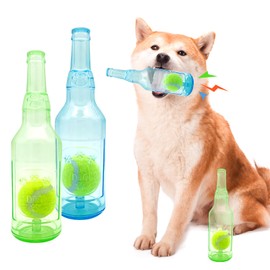 Aerbee 2Pcs Crunchnplay Bottle Toy for Dogs, Interesting Squeaky Dog Toys, Rubber Water Bottle Toys with Tennis Ball, Outdoor Interactive Dog Toys Dogs Dental (Blue+Green)