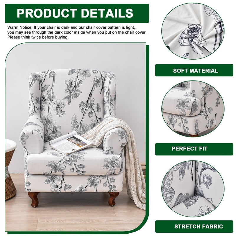 CRFATOP Wingback Chair Covers 2 Pieces Stretch Printed Wing Back
