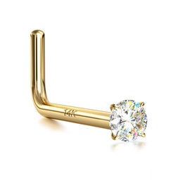 BUTADR 14K Real Gold Nose Studs, 18G 20G Solid Gold L Shaped Nose Rings, Simulated Diamond CZ Hypoallergenic Nose Piercings for Women Men 18G 1.5MM