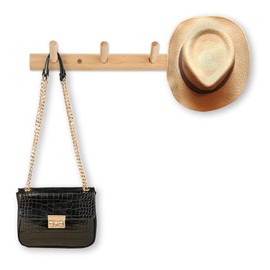 Homode Modern Bamboo Wooden Entryway Coat & Hat Hooks | Bathroom Kitchen Towel Rack | Wall Mounted or Door Adhesive | 4 Pegs (Natural)