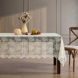 HLC.ME Jolene Floral Lace Tablecloth, Lace Fabric Table Cloth for Rectangle Tables, Wrinkle Resistant Tablecloth, Patterned Scalloped Tablecloth (60 W x 104 L, Linen Taupe)