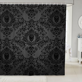 Feelyou Adults Black Vintage Damask Floral Shower Curtain Oriental Antique Bathroom Shower Curtain Set 72"x72" Gothic Bohemia Boho Bath Curtain Exotic Sugar Skull Bathroom Accessories