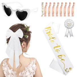 BORISCA Bridal Accessories Jga, 1 Hair Clip White Elegant Tulle + 1 Heart Sunglasses Pearl + 1 Bride to be Sash + 1 Badge + 9 Edging Straps for Stag Night and Wedding Photographer