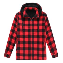 ZENTHACE Men's Sherpa Lined Fleece Flannel Plaid Shirt Jacket with Removable Hood Red L
