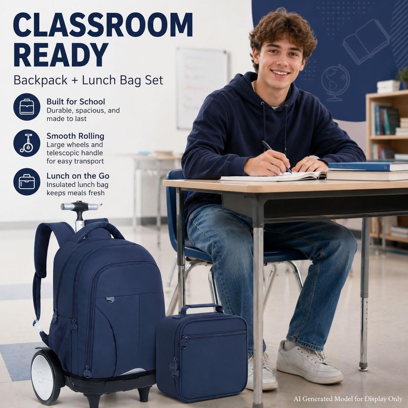 AGSDON Quiet Glide Rolling Backpack with Lunch Box Set -