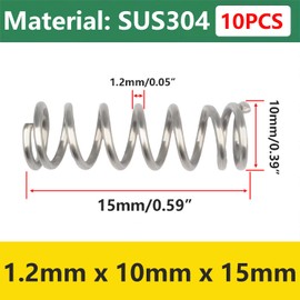 Qrity Pack of 10 compression springs, stainless steel coil springs, 304 steel spring, 1.2 x 10 x 15 mm spring, compression spring for replacement and repair
