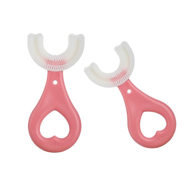 Claiol - 2 cepillos de dientes para niños en forma de U, cepillo para polvo de dientes de entrenamiento manual suave de primera calidad para niños de 2 a 6 años (Rosa)