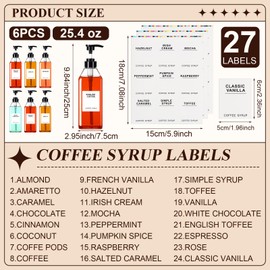 Nuogo 6 Pcs Coffee Syrup Dispenser Bottles Set 750ml, 500ml, 300ml, 150ml PET Black Syrup Bottles with Pump Dispenser 27 Labels for Coffee Bar Kitchen Accessories Portable Travel(25.4 oz,Prismatic)