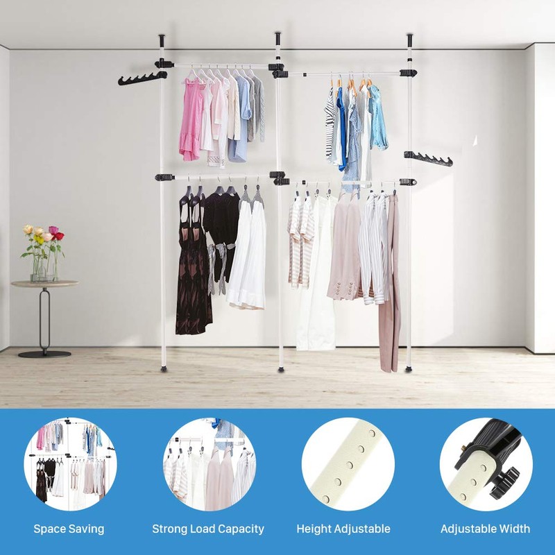 Ejoyous Double Rod Adjustable Clothes Hanger, Carbon Steel, 110"-129.5" Vertically,