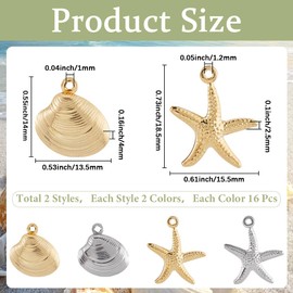 SUNNYCLUE 1 Box 64Pcs 2 Styles Gold and Silver Ocean Charms Metal Beach Charms Bulk Boho Summer Starfish Shell Marine Sea Life Pendants for Jewellery Making Supplies DIY Craft Necklace Bracelet
