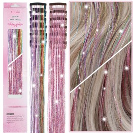 Ainani 12 Pcs Hair Tinsel Clip in 20Inch Glitter Tinsel Hair Extensions Fairy Hair Clip in Hair Tinsel Heat Resistant Sparkly Hair Accessories for Girls Women Kids (Pink 6Pcs+Colorful 6Pcs)