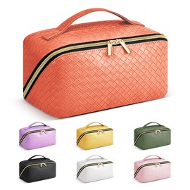 DTBG Travel Makeup Bag: Large Capacity Cosmetic Bag for Women, Portable PU Leather Waterproof Stuff Bag With Handle and Divider Flat Lay Makeup Pouch Toiletry Bag Birthday Gift for Women - Orange