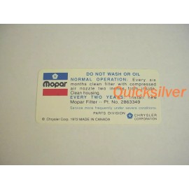 DCS Dales Cuda Shop 1972 1974 360 & 400 Do Not Wash Air Cleaner Decal except dual snorkle MoPar New