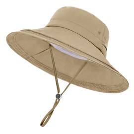 EINSKEY UPF 50+ Women's Sun Hat, Waterproof Wide Brim Bucket Hat, Ponytail Hole, Packable for Beach Hiking Fishing Gardening Camel