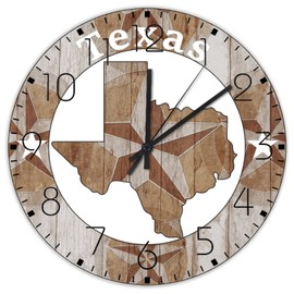 Autravelco Wooden Wall Clock Round Silent Non-Ticking Texas Lone Star Home Map Custom Wall Clocks USA Flag Star Patriotic Wall Decor for Warehouse Bedroom Indoor 10 Inch