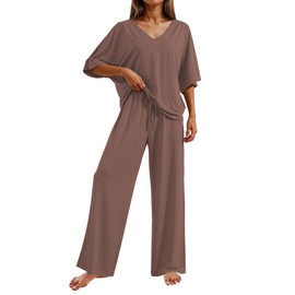 Ekouaer Pajama Sets for Women Short Sleeve Tops and Long Pants Pjs Lounge Set Summer 2 Piece Outfits,Brown,XL