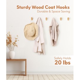 Optish Wood Wall Hooks for Hanging, 8 Pack Hat Hooks for Wall, Decorative Wall Hooks, Coat Hooks Wall Mounted, Heavy Duty Entryway Wall Hangers (Beech)