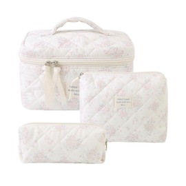 AMZMA Makeup Bag, 3 PCS Quilted Makeup Bag, Cute Floral Cotton Cosmetic Bag set, Coquette Makeup Pouch Large Travel Toiletry Bag