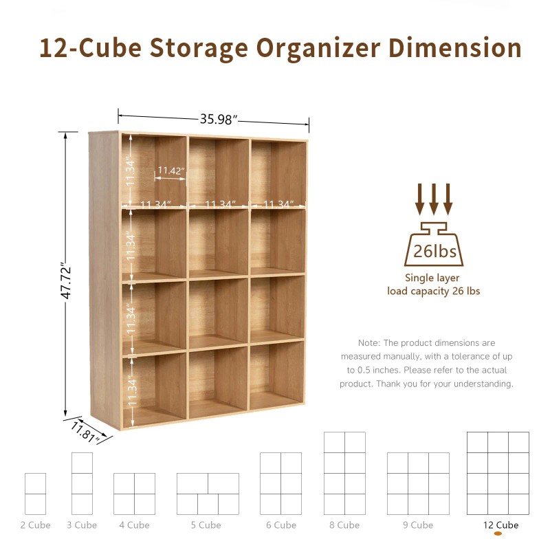White Oak Wooden 12-Cube Storage Organizer with Closed Back Panel