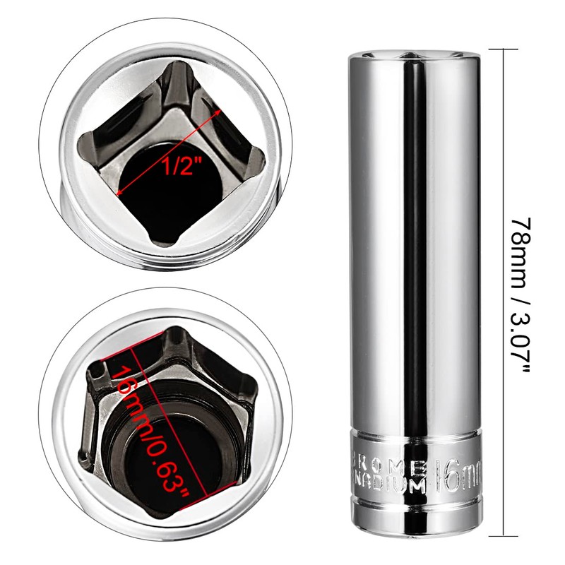 sourcing map 1/2 Inch Drive 16mm 6-Point Deep Socket, Metric,