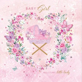 Noel Tatt New Baby Girl Congratulations Card - Cute Pink Crib with Butterflies - Eco-Friendly and Recyclable - Made in England