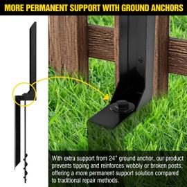 LADECH Heavy Duty Steel Fence Post Repair Stakes with Ground Anchor Screw in, Fix Anchors Ground Spike for Fence Posts, Repair Tilted/Broken Wood Posts (Black - 4 Pcs)