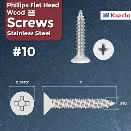 Kozelo 50pcs Phillips Flat Head Wood Screws - [#10x1] 304 Stainless Steel Countersunk Self Tapping Screws for Furniture Assembly, Interior Trim, Outdoor Construction, White Head