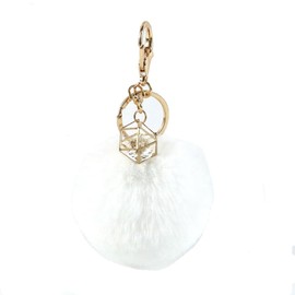 Wisafory Pompoms Key Ring with Rhinestone Faux Fur Bag Pendant Fluffy Plush Ball Keychain Key Ring for Handbag Keys Car, White