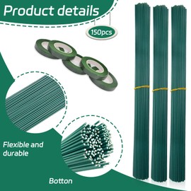 Floral Arrangement Kit, 16 Inch 150 Pcs Flower Stem Wire for Bouquets, Diameter 2mm, 5 Rolls 150 Yards Floral Tape for Flowers, Green Floral Wire for Florist Supply, Wedding Decor, Christmas Wreath