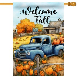 Morigins Welcome Harvest Fall Blue Truck Garden Flag Pumpkin Farmhouse Autumn Thanksgiving Outdoor Yard House Flag 28×40 inch