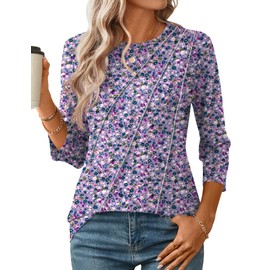 LOMON Womens Summer Tops 3/4 Sleeve Tops for Women 2025 Spring Trendy Elbow Short Sleeve Shirts Purple Printing L