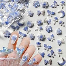 50Pcs Mixed Nail Design Luminous Gradient Blue Nail Charms Y2K,3D Flower Charms For Nails Design Retro Butterfly Nail Charm Cute Bow Nails Charms Luxury Bowknot Floarl Butterflies Moon Nail Art Charms